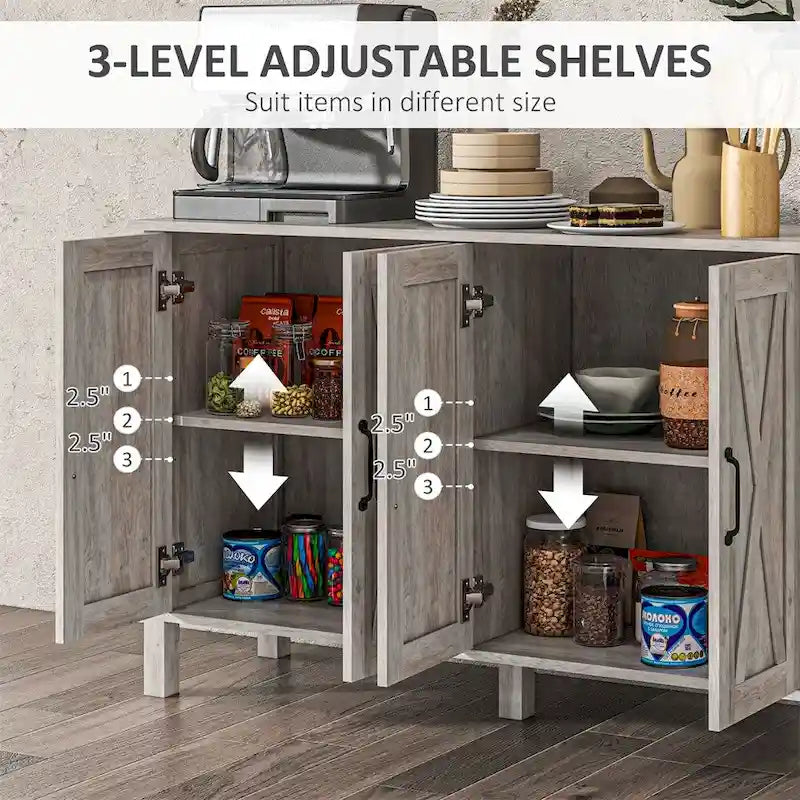 Wood Buffet Cabinet with 4 Barn Doors and 2 Adjustable Shelves - N/A