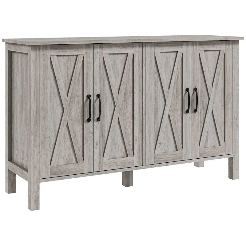 Wood Buffet Cabinet with 4 Barn Doors and 2 Adjustable Shelves - N/A