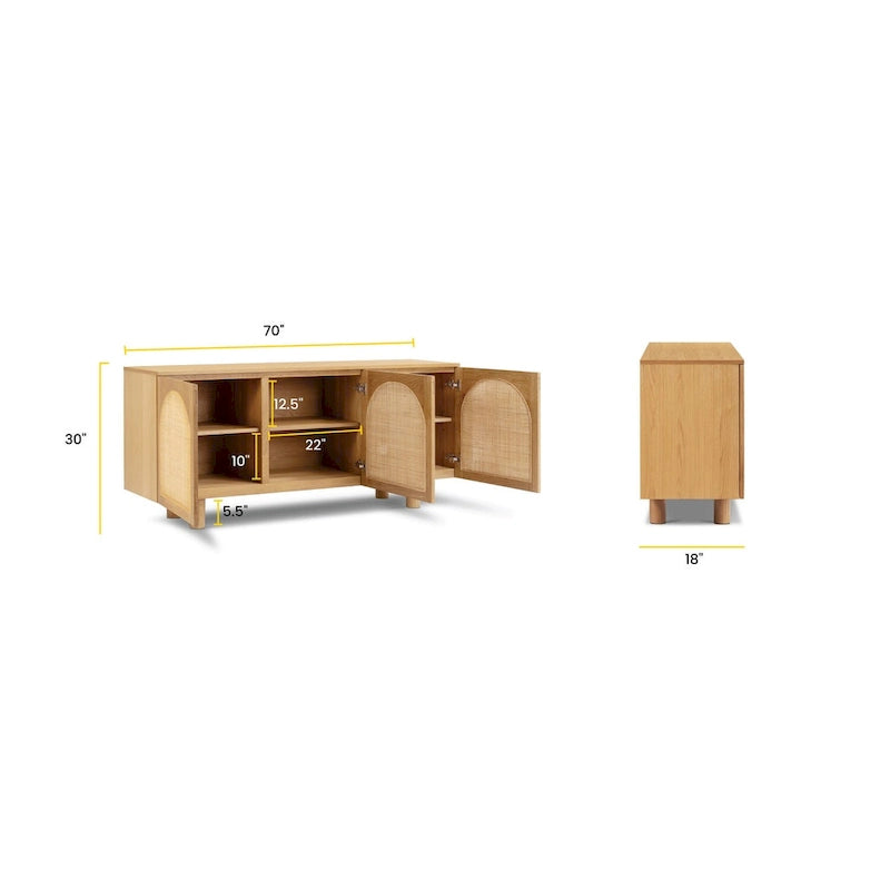 Poly & Bark Archi 70 Sideboard - Oak Wood with Cane Webbing Door Fronts