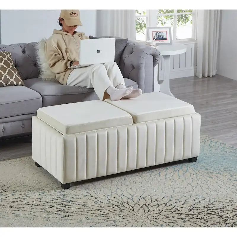 45 inch Wide Square CubeStorage Ottoman Bench,Storage Bench with coffee tray,coffee table Ottoman foot rest,BEIGE velvet fabric