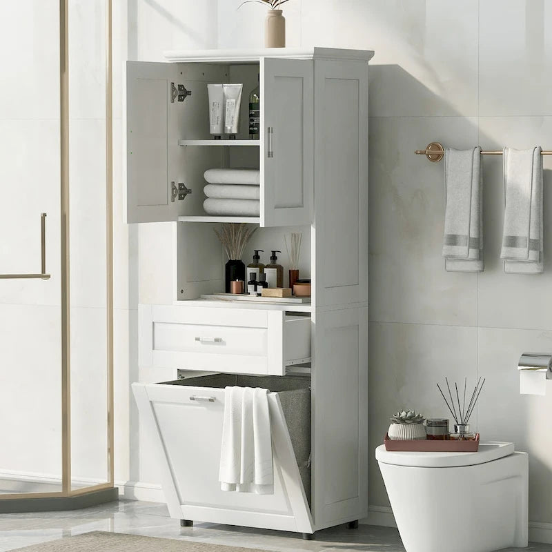 Tall Bathroom Cabinet with Laundry Basket, Large Storage Space Tilt-Out Laundry Hamper and Upper Storage Cabinet