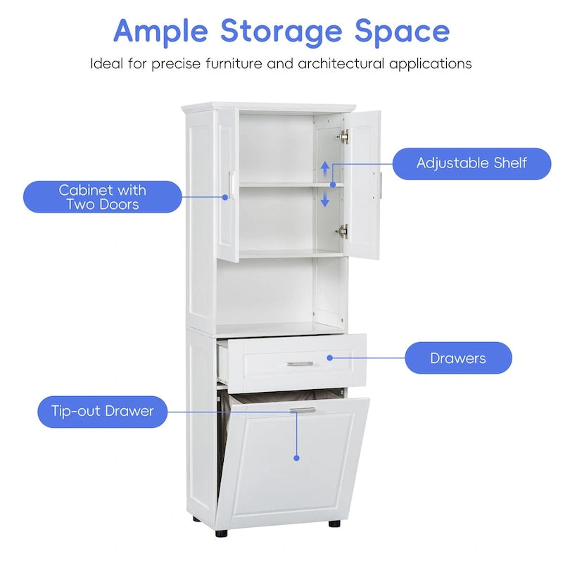 Tall Bathroom Cabinet with Laundry Basket, Large Storage Space Tilt-Out Laundry Hamper and Upper Storage Cabinet