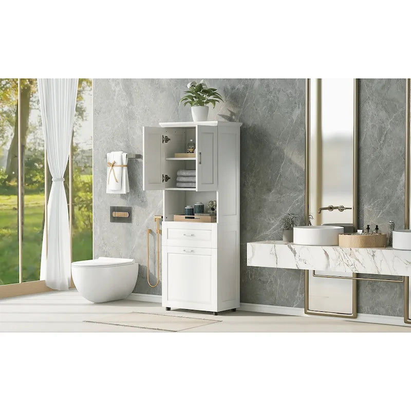 Tall Bathroom Cabinet with Laundry Basket, Large Storage Space Tilt-Out Laundry Hamper and Upper Storage Cabinet
