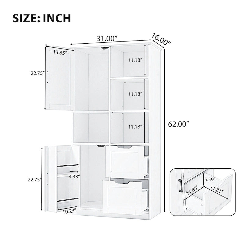 Bathroom Storage Cabinet with 2 Doors, 2 Drawers, Open Shelve & Adjustable Shelf