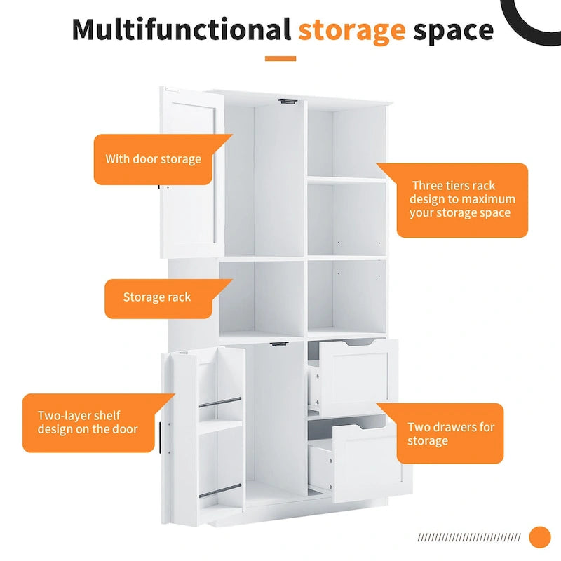 Bathroom Storage Cabinet with 2 Doors, 2 Drawers, Open Shelve & Adjustable Shelf