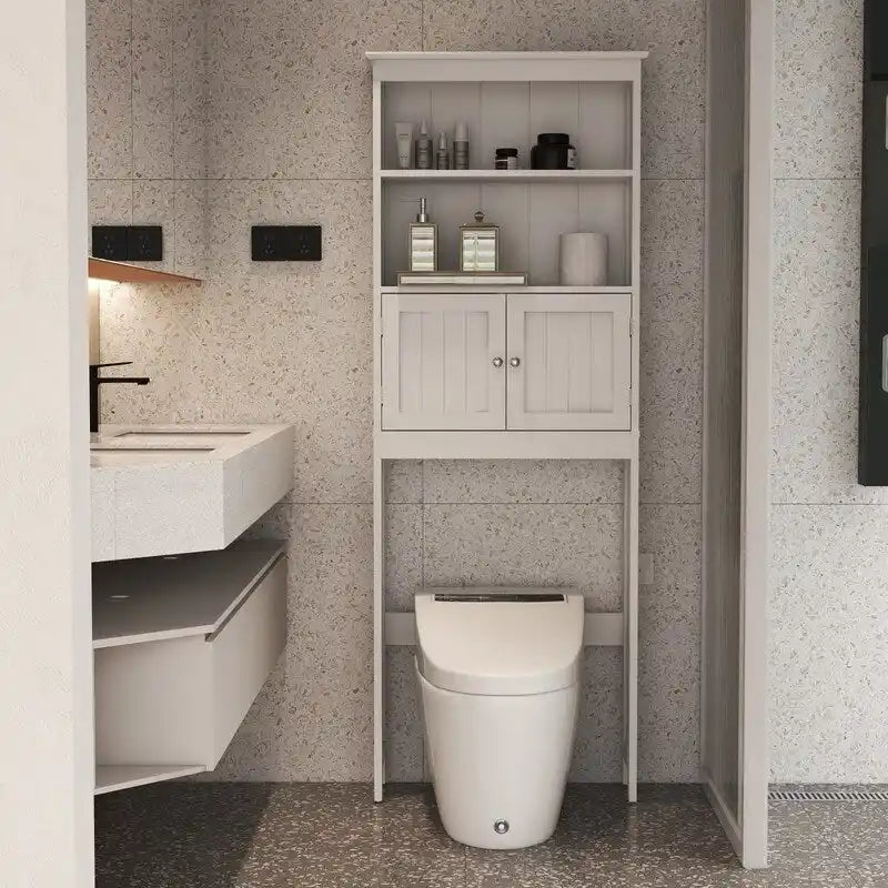 Over The Toilet Storage Cabinet, Bathroom Organizer with Two Shelves and Cabinet, Freestanding Wooden 2-Door Toilet Storage Rack
