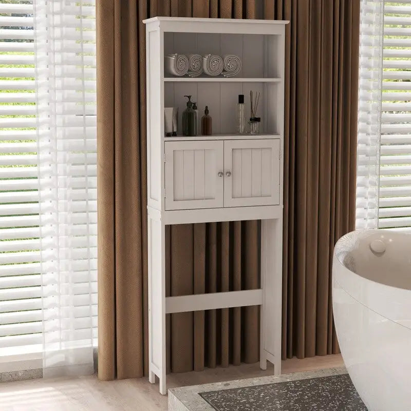 Over The Toilet Storage Cabinet, Bathroom Organizer with Two Shelves and Cabinet, Freestanding Wooden 2-Door Toilet Storage Rack