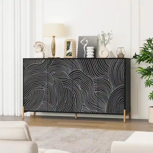Black Four-Door Sideboard with Carved Wave Pattern and Gold-Tone Legs