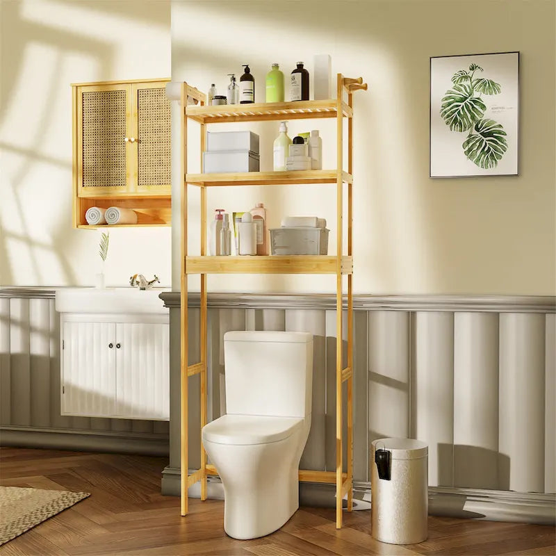 Over Toilet Shelf Space-saving Bamboo Bathroom Cabinet Rack Adjustable