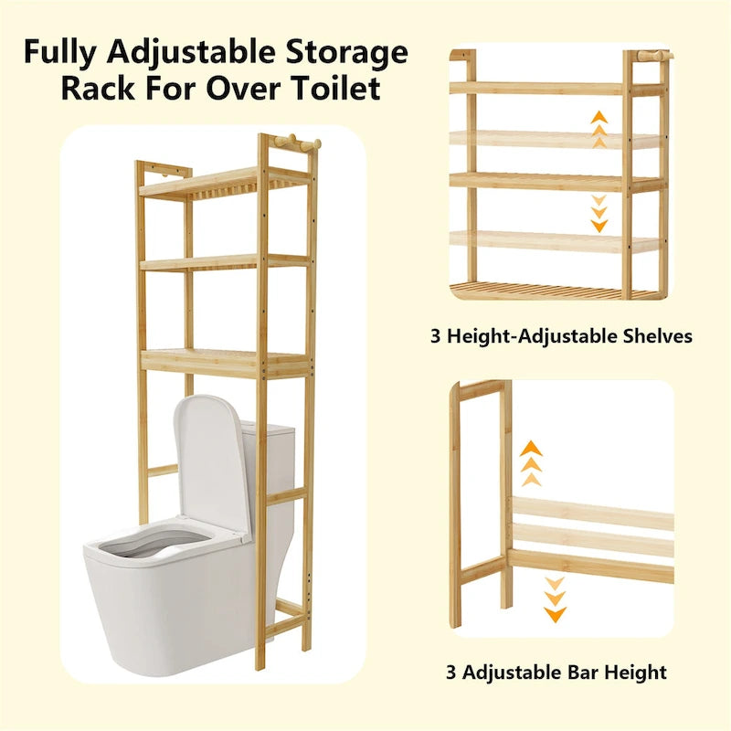 Over Toilet Shelf Space-saving Bamboo Bathroom Cabinet Rack Adjustable